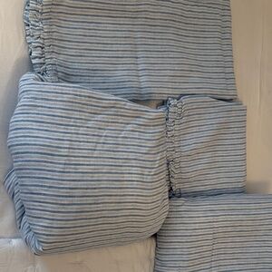 West Elm king size linen striped Blue and White sheet set.